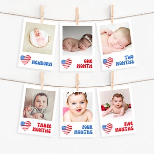 Banner fotográfico del hito mensual del primer cumpleaños del 4 de julio, tarjetas fotográficas del primer año de bricolaje editables de un bebé americano, descarga instantánea, #ABJUL