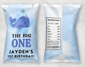 Whale First Birthday Chip Bag Template, Boy Ocean Under The Sea 1st Birthday Party Favors, Whale First Birthday Party Decorations, #TBO