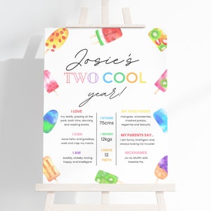 Modello di segno di pietra miliare di due fantastici ghiaccioli, scheda di pietra miliare modificabile per il 2o compleanno ragazza arcobaleno festa estiva, download istantaneo, #TCP2