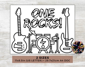 Coloriage anniversaire One Rock, cadeau rock and roll (téléchargement numérique)