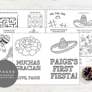 First Fiesta Printable Colouring Pages, Girl 1st Birthday Party Activity Booklet, Colouring and Activity Placement Template Kids, #FFO