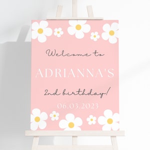 Two Groovy Welcome Sign, Editable Pink Retro Daisy 2nd Birthday Decor Sign, Second Birthday Decorations For Girls, Instant Download, #TG2
