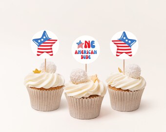 4th of July Cupcake Toppers, One American Dude Birthday (Digital Download)