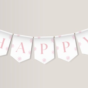 ピンクの冬のワンダーランドの誕生日バナー、編集可能な女の子のスノーフレーク冬の1歳の誕生日パーティーのバナーテンプレート、即時ダウンロード、#AAP1
