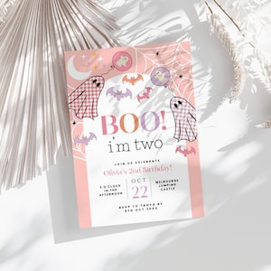Boo I&#39;m Two Invitation, Halloween Pink Ghost Girl Spooktacular 2nd Birthday Party Invite, Editable Canva Template, Instant Download, #B2G