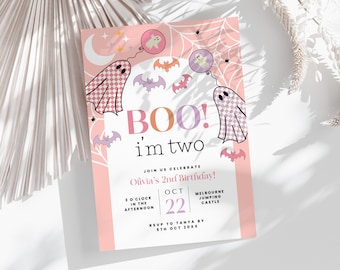 May include: Pink and purple ghost themed birthday invitation with the text "BOO! i'm two" and "Olivia's 2nd Birthday!"  The invitation includes details for the party, including the date, time, and location.