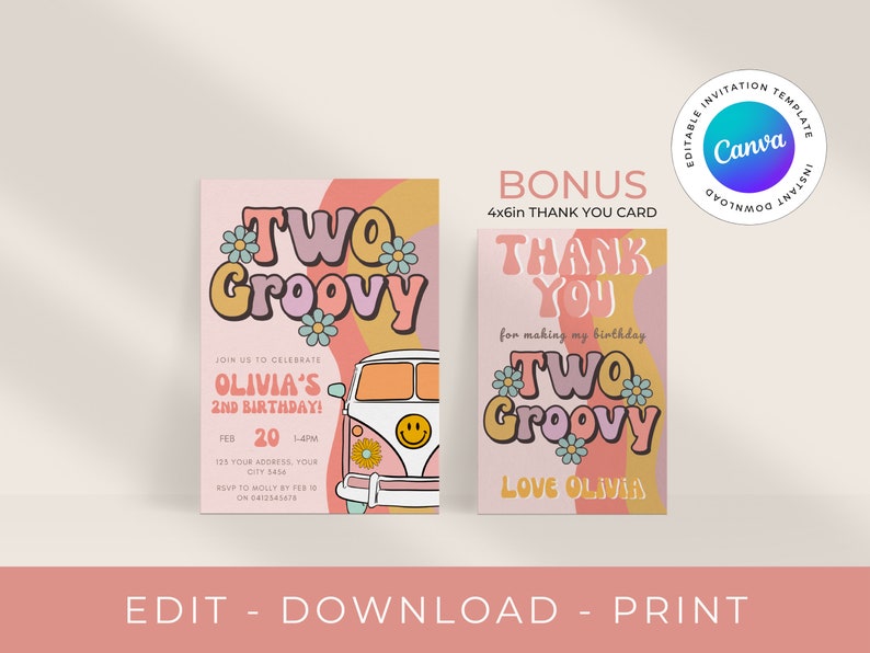 Editable Two Groovy Invitation Digital Two Groovy 2nd Birthday Invite Groovy 2nd Birthday Invite Groovy 2nd Birthday Party