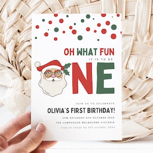 Oh What Fun It Is To Be One Birthday Invitation, Editable Groovy Christmas Holiday 1st Birthday Invite Template, Instant Download, #OWF