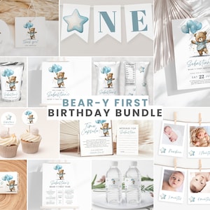Beary First Birthday Bundle, Teddy Bear 1st Birthday Boy Decorations Bundle, Cute Bear Party Theme Decor Kit, Editable DIY Canva Templates