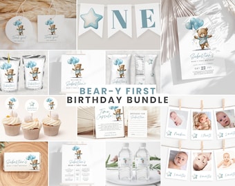 Decoración de osito de peluche para primer cumpleaños: plantillas DIY (Canva)