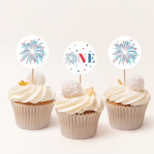 4th Of July Cupcake Toppers, Red White And Blue Fireworks First Birthday Printable Party Decor, Independence Day Birthday Decorations, #4JUL