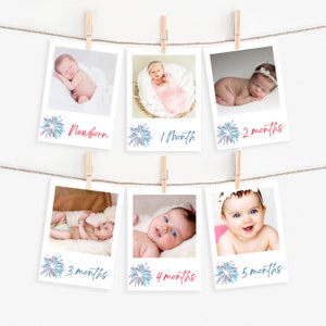 Bannière photo mensuelle du premier anniversaire du 4 juillet, feux d'artifice rouges, blancs et bleus, thème du 1er anniversaire, cartes d'étape imprimables, #4JUL