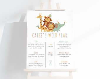 Wild One Birthday Milestone Sign, Zoo Safari Animals, Editable Canva Template (Digital Download)