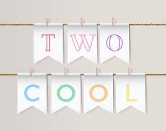 Two Cool Popsicle Birthday Banner, Rainbow Party Decor (Canva, Digital Download)