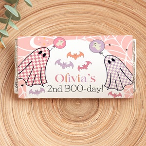 Boo Im Two Halloweenowe opakowania na czekoladki, edytowalny szablon na upiorne, różowe, upiorne, drugie urodziny, do pobrania natychmiast #B2G