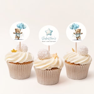 Beary 1st Birthday Cupcake Toppers Template, Teddy Bear First Birthday Party Decor, Cute Bear Boy Birthday Theme, Editable DIY Template #BFB