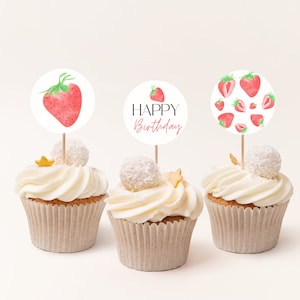 Berry First Birthday Cupcake Toppers Template, Strawberry Birthday Party Cupcake Toppers, Berry First Birthday Decorations, Berry First Girl