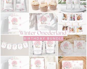 Winter Onederland Birthday Girl Decoration Bundle, Girl Pink Winter 1st Birthday Party Decor Template Bundle, Christmas First Birthday