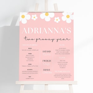 Two Groovy 2nd Birthday Milestone Poster, Pink Retro Daisy Second Birthday Girl Milestone Sign, Editable Groovy Milestone Template, #TG2