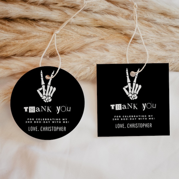 Bad Two The Bone Halloween Thank You Tags, Editable Boys 2nd Skeleton Halloween Birthday Party Favors Template, Instant Download, #B2TB