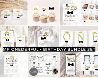 Mr Onederful Birthday Bundle Template Set, Editable Black And Gold 1st Birthday Invitation Bundle, First Birthday Bundle Kit For Boys