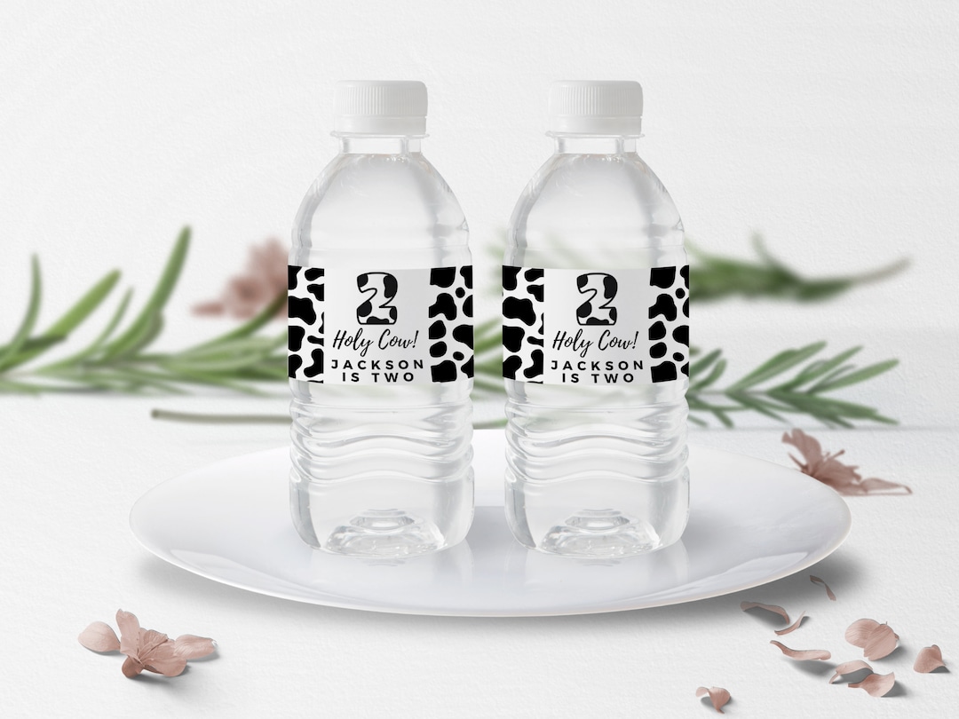 Editable Cow Print Water Bottle Label, Holy Cow I'm Two Party Favors