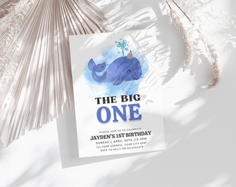 Whale First Birthday Invitation, Under the Sea Party (Printable DIY Template)