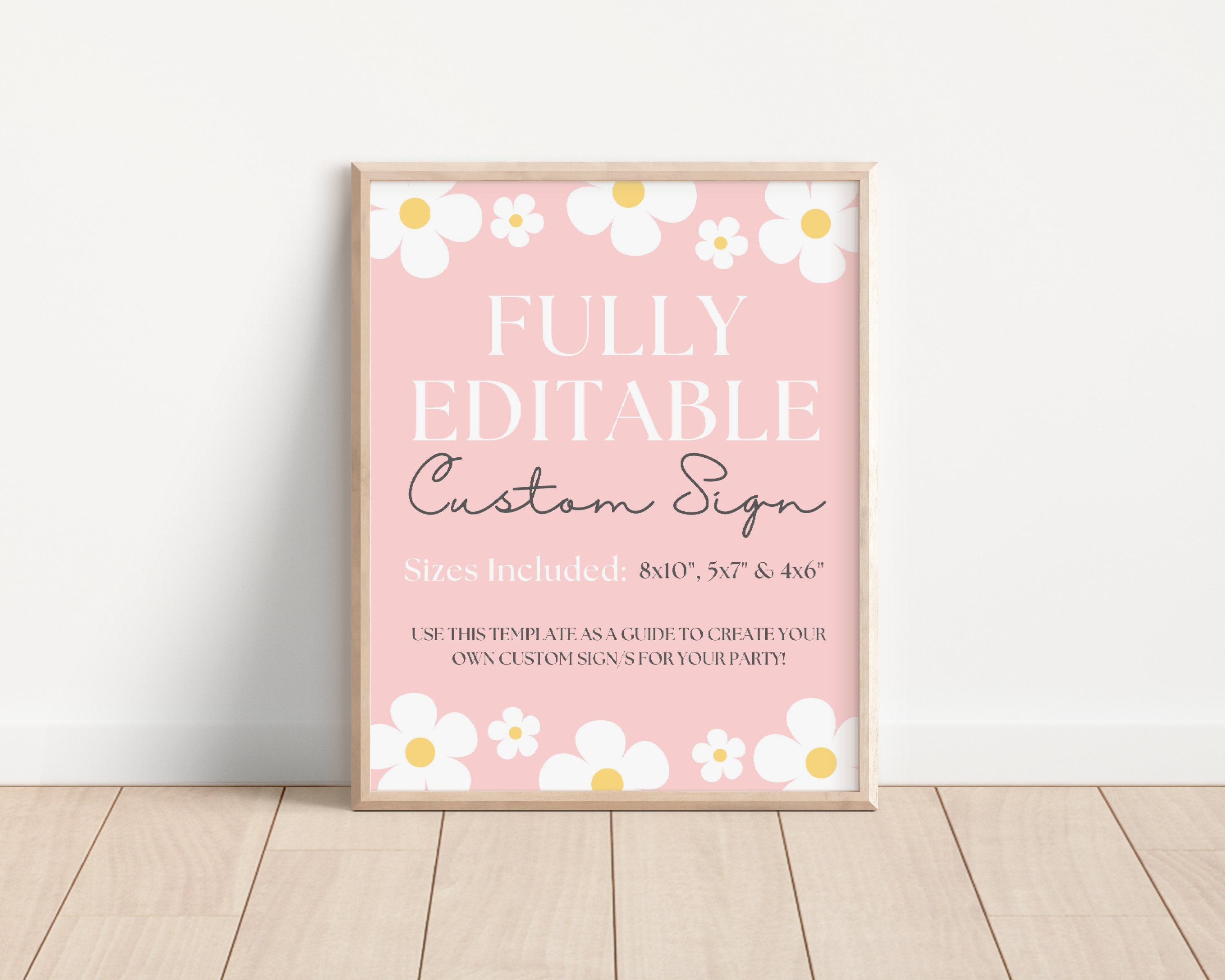 Two Groovy Custom Sign Template, Retro Pink Daisy Second Birthday Favor ...