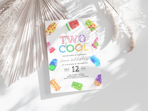 Two Cool Popsicle Birthday Invitation, Editable 2nd Birthday Girl Rainbow Summer Party Invite Template, DIY Canva, Instant Download, #TCP2