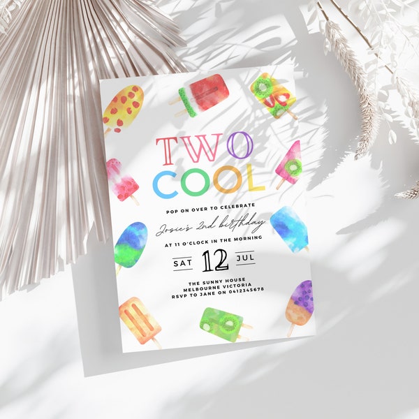 Two Cool Popsicle Birthday Invitation, Editable 2nd Birthday Girl Rainbow Summer Party Invite Template, DIY Canva, Instant Download, #TCP2