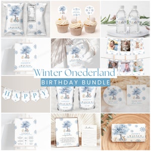 Winter Onederland Birthday Decoration Bundle, Blue Winter 1st Birthday Party Decor Template Bundle, Christmas First Birthday Template Kit