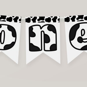 Holy Cow I&#39;m One High Chair Banner Template, Editable Black And White Cow Print 1st Birthday Bunting, Cow Theme Birthday Decorations, #HCO