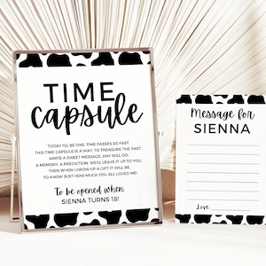 Heilige koe, ik ben een tijdcapsulebord met bijpassende notitiekaart, bewerkbare zwart-witte koeprint 1e verjaardag kinderfeestdecoraties, #HCO