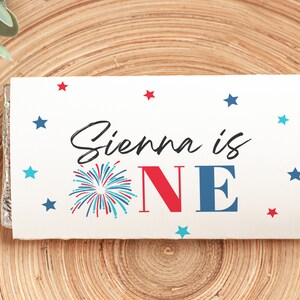 4th Of July First Birthday Chocolate Bar Wrapper Editable Template, Red White And Blue Fireworks 1st Birthday Printable Party Favor, #4JUL