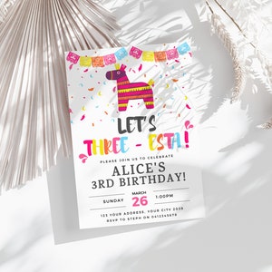 Drie Esta verjaardag uitnodigen digitale, bewerkbare Mexicaanse Fiesta thema 3e verjaardag uitnodiging sjabloon, laten we drie-esta partij afdrukbare, #3TE