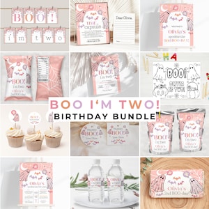 Boo Im Two Birthday Bundle, Halloween Pink Ghost Girl Spooktacular 2nd Party Decorations Kit, Boo Im Two Birthday Decor, DIY Canva Templates