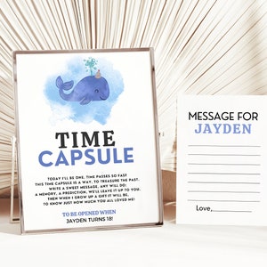 Editable Whale First Birthday Time Capsule Sign And Matching Message Card, Whale 1st Birthday Party Decorations, Instant Download, #TBO