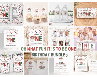 May include: A Christmas-themed first birthday party printable bundle featuring a Santa Claus illustration with red and green polka dots. The bundle includes a variety of printable items such as cupcake toppers, water bottle labels, favour bags, a welcome sign, a banner, a time capsule, and thank you tags. The text "Oh What Fun It Is To Be One" is featured throughout the design.