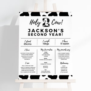 Holy Cow I&#39;m Two Milestone Board, Farm Animals Kids 2nd Birthday Party Sign, Editable Cow Theme Second Birthday Printable Decor Poster, #HC2