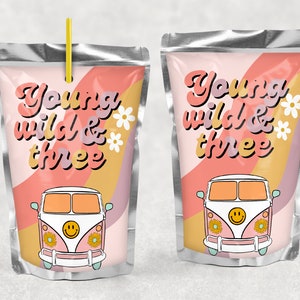 Young Wild And Three Capri Sun Labels, Girl 3rd Groovy Hippie Them Birthday Editable Juice Pouch Label Canva Template, Instant Download #YW3