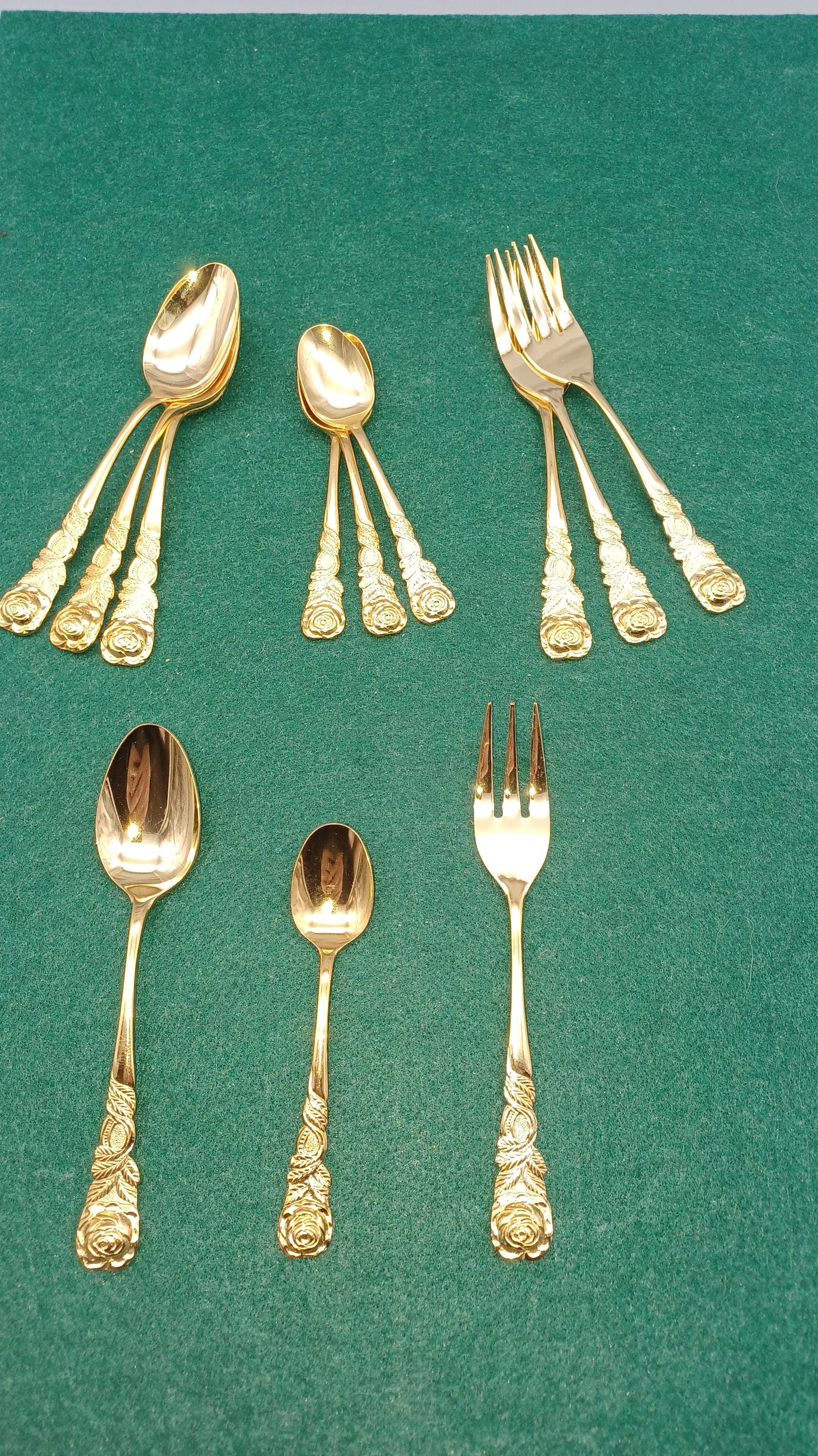 Vintage Gräwe Hildesheimer Rose Besteck 24 Karat vergoldet, Kuchengabeln und Kaffeelöffel , Teelöffel, Mokkalöffel