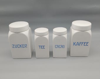 Great set of ceramic storage jars, lidded jars, storage containers for coffee, sugar, tea and cacao.
