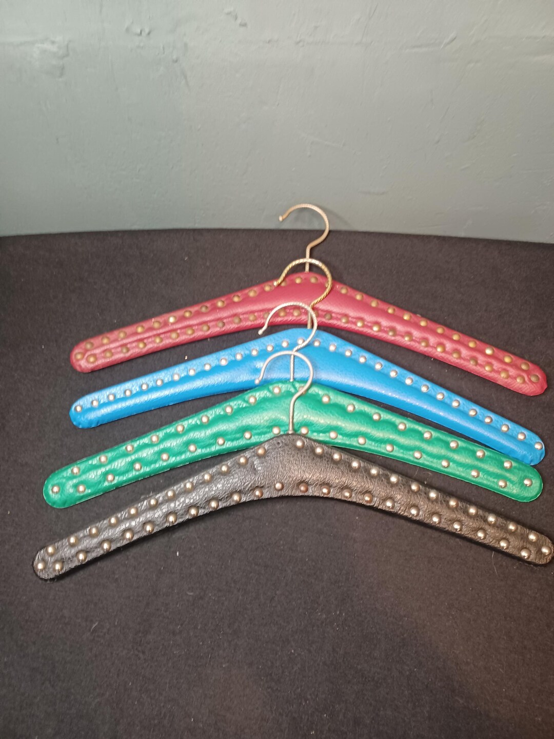Jacket Hanger Rivet Set of 4 Mid Century Coat Hangers With Rivets and Red Faux Leather ...