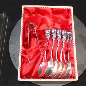 Hildesheimer Rose, 6 teaspoons and sugar tongs, 90&#39;s silver edition, teaspoons, silverware, Christmas gifts, cutlery ornaments