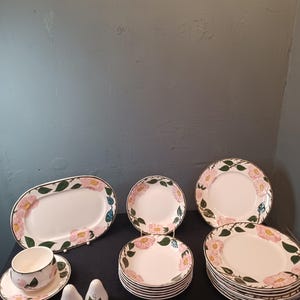 Puede incluir: Un juego de vajilla de porcelana blanca con un patrón floral que presenta rosas rosadas, hojas verdes y tallos marrones. El juego incluye una fuente ovalada grande para servir, dos platos para cenar, dos platos para ensalada, un tazón de sopa con un platillo y dos saleros y pimenteros.