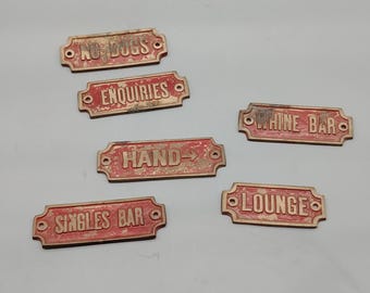 Small vintage brass signs with various lettering, 10 x 3.5 cm
