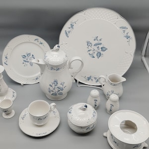 Könnte beinhalten: Ein weißes Porzellangeschirr-Set mit blauen Blumenmustern und geprägten Gitterrändern. Die Kollektion umfasst eine große Servierplatte, eine Teekanne mit Deckel, ein Milchkännchen, eine Zuckerdose mit Deckel, eine Teetasse mit Untertasse, Salz- und Pfefferstreuer, einen Eierbecher und eine kleine Schale.
