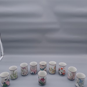 Könnte beinhalten: Elf kleine, weiße Keramikbecher, jeder mit einem einzigartigen Blumenmuster verziert. Die Designs weisen eine Reihe von Farben auf, darunter Rosa, Grün und Rot. Diese Becher, wahrscheinlich für Tee, haben ein zartes und detailliertes Aussehen.