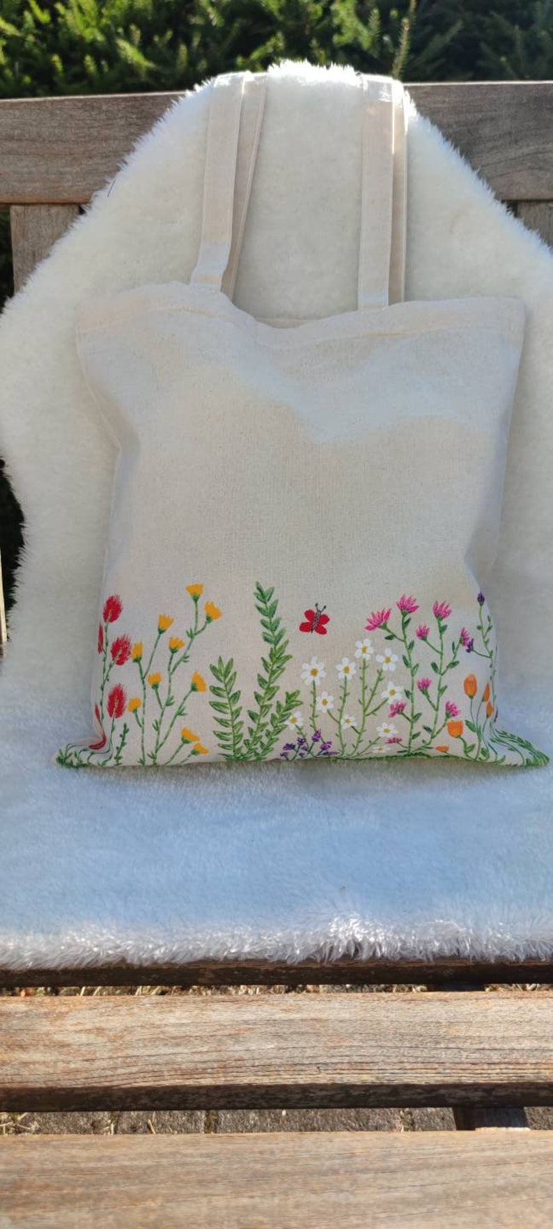 Jute bag, hand-painted, flower meadow image 1