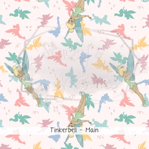 May include: A seamless pattern featuring Tinkerbell, the fairy from Disney's Peter Pan, in various poses. The background is a light pink with a scattered pattern of stars and hearts. The pattern is perfect for fabric, wallpaper, or other creative projects.